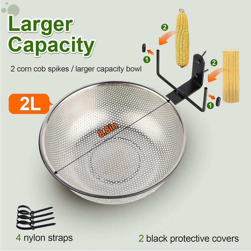 Yojanner Squirrel Feeder Bowl (2L) Trees or Fences Mounted, Removable Squirrel Feeder with 2 Squirrel Corn Cob Spikes, Outdoor 8.8" Stainless Steel Feed Bowl with Drainage Holes, Easy to Clean/Refill(Black) - Image 3